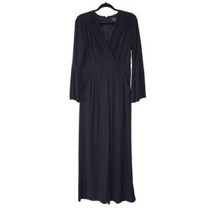 Tahari ASL Jumpsuit Size 6 Black Long Bell Sleeves Surplice Neck Pockets Jersey